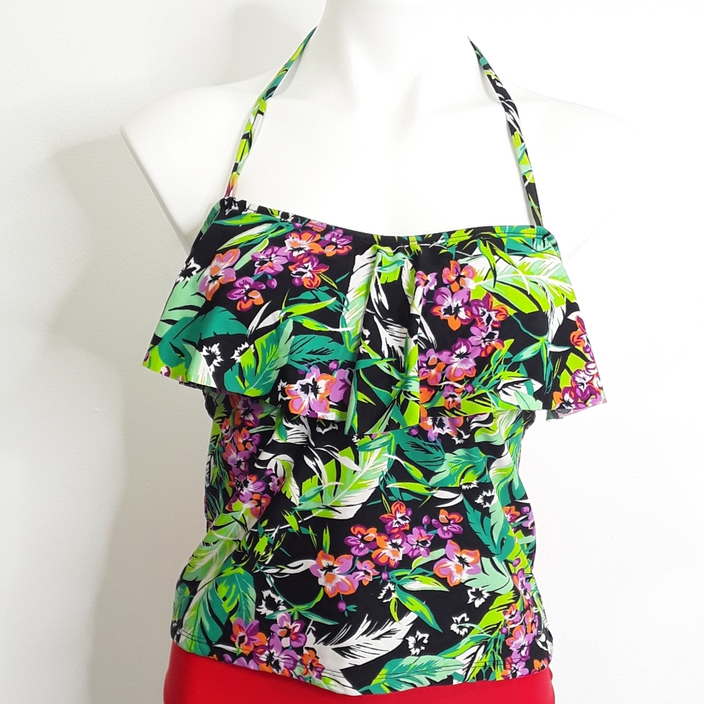 Catalina Tropical Green Black Pink White Tankini Ruffle Halter Top EUC M